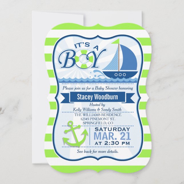 Invitación Baby Shower náutico; Lime Green y Blue (Anverso)