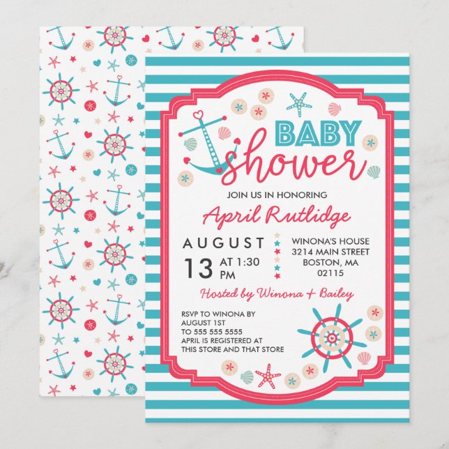Invitación Baby Shower Náutico Rojo Azul y frambuesa (Anverso / Reverso)