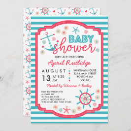Invitación Baby Shower Náutico Rojo Azul y frambuesa