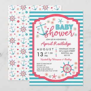 Invitación Baby Shower Náutico Rojo Azul y frambuesa