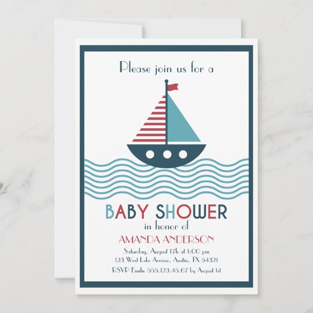 Invitación Baby Shower Náutico rojo y azul (Anverso)