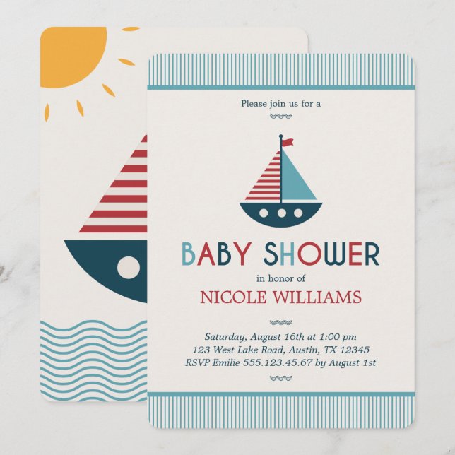 Invitación Baby Shower Náutico Rojo y Azul (Anverso / Reverso)