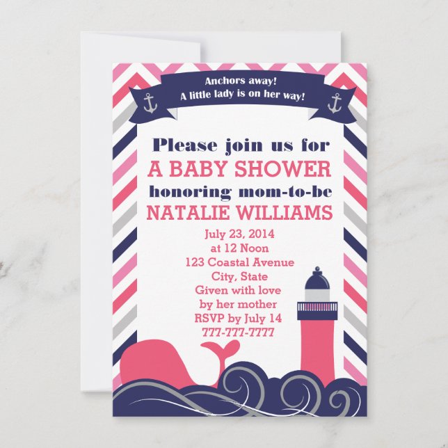 Invitación Baby Shower náutico rosado o asperja al chica (Anverso)