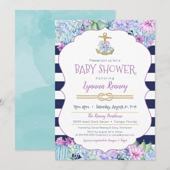 Invitación Baby Shower Náutico Suculenta Lavanda Azul de la M (Anverso / Reverso)