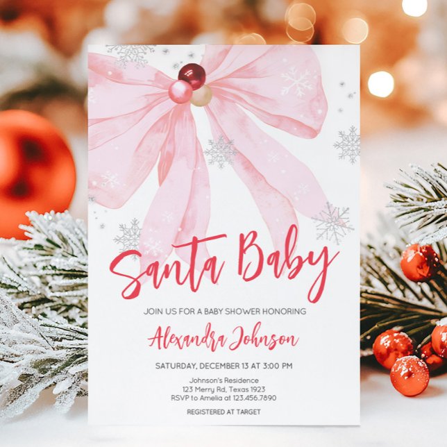 Invitación Baby Shower Navidades de Bow Rosado (Pink Bow Christmas Santa Baby Baby Shower Invitation)