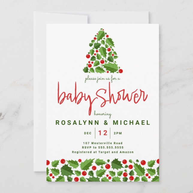Invitación BABY SHOWER | Navidades Holiday Holly Floral (Anverso)