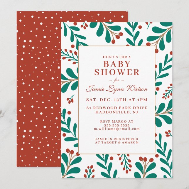Invitación BABY SHOWER | Navidades Mistletoe y Holly (Anverso / Reverso)