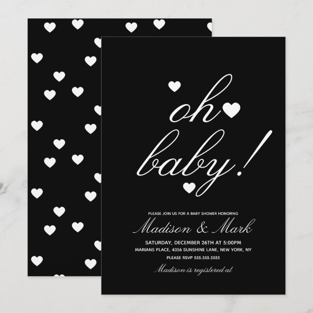 Invitación Baby Shower negro de corazones flotantes minimalis (Anverso / Reverso)