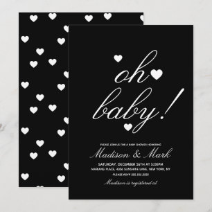 Invitación Baby Shower negro de corazones flotantes minimalis