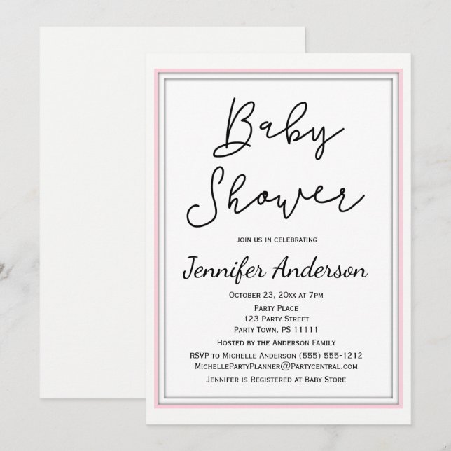 Invitación Baby Shower negro rosa simple y limpio (Anverso / Reverso)