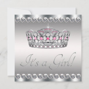 Invitación Baby Shower negro rosado de Tiara Plata Diamantes