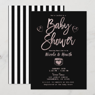 Invitación Baby Shower Negro Rústico Rayas Blancas Rosa Dorad