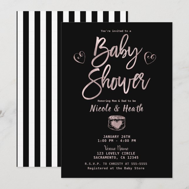 Invitación Baby Shower Negro Rústico Rayas Blancas Rosa Dorad (Anverso / Reverso)