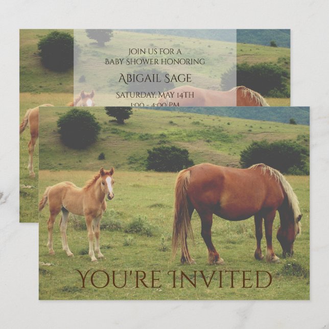 Invitación Baby Shower neutra a caballo mare y Foa (Anverso / Reverso)