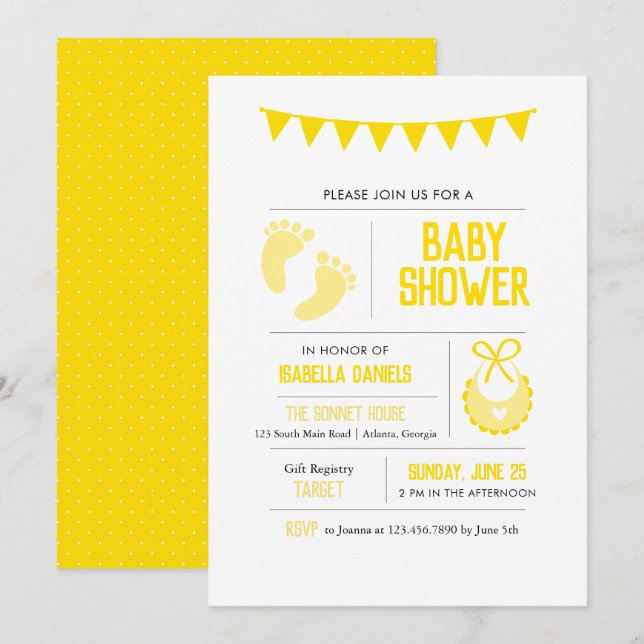 Invitación Baby Shower neutra amarilla (Anverso / Reverso)