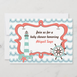 Invitación Baby Shower neutra en faro náutico