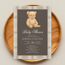 Invitación Baby Shower neutra suave del oso preppy