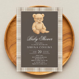 Invitación Baby Shower neutra suave del oso preppy