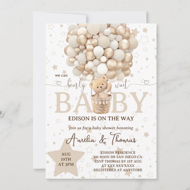 Invitación Baby Shower Neutral blanco Teddy Bear (Anverso)