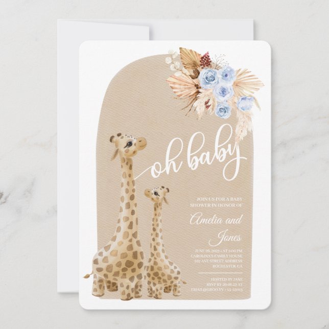 Invitación Baby Shower Neutral Blue Pampas Grass Giraffe (Anverso)