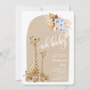 Invitación Baby Shower Neutral Blue Pampas Grass Giraffe