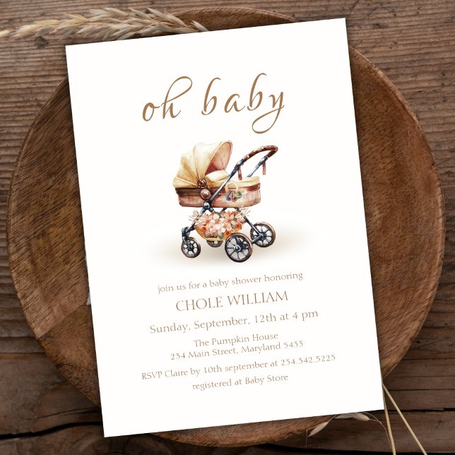 Invitación Baby Shower Neutral Boho Floral Stroller de Género (Gender Neutral Boho Floral Stroller Baby Shower Invitation)