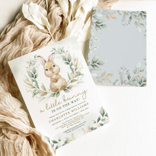 Invitación Baby Shower Neutral Bunny Rabbit Greenery Gold