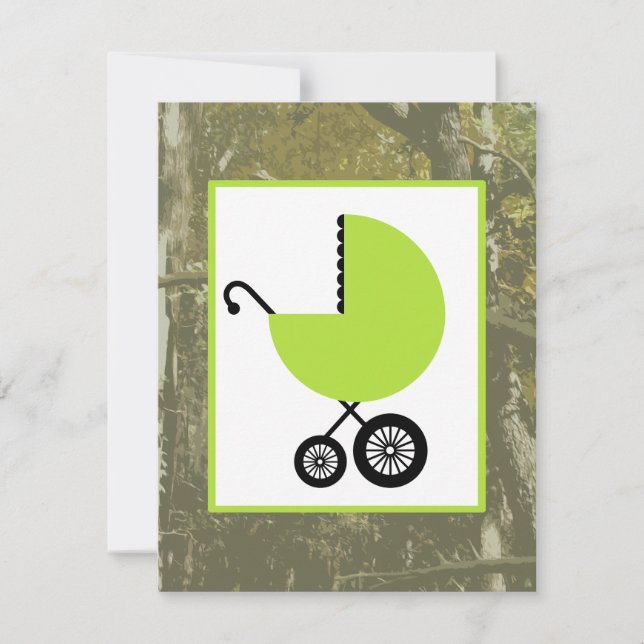 Invitación Baby Shower neutral - carro y camuflaje verdes (Anverso)