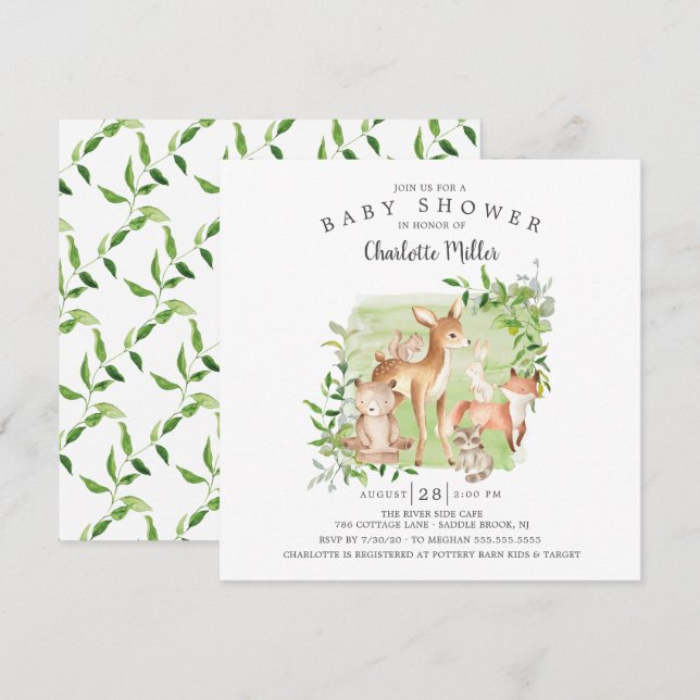 Invitación Baby Shower neutral de amigos de Woodland (Anverso / Reverso)