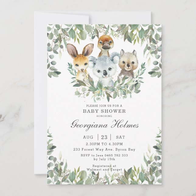 Invitación Baby Shower neutral de animales australianos verde (Anverso)