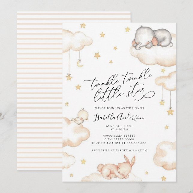 Invitación Baby Shower neutral de animales de estrella pequeñ (Anverso / Reverso)