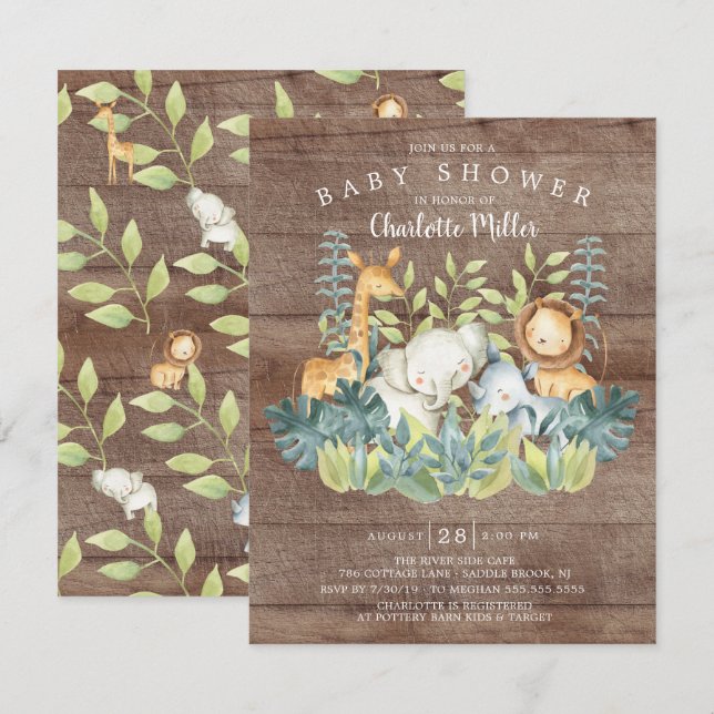 Invitación Baby Shower neutral de animales de la jungla rusa (Anverso / Reverso)