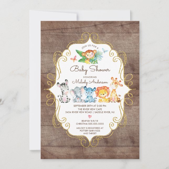 Invitación Baby Shower neutral de animales de la jungla rusa (Anverso)