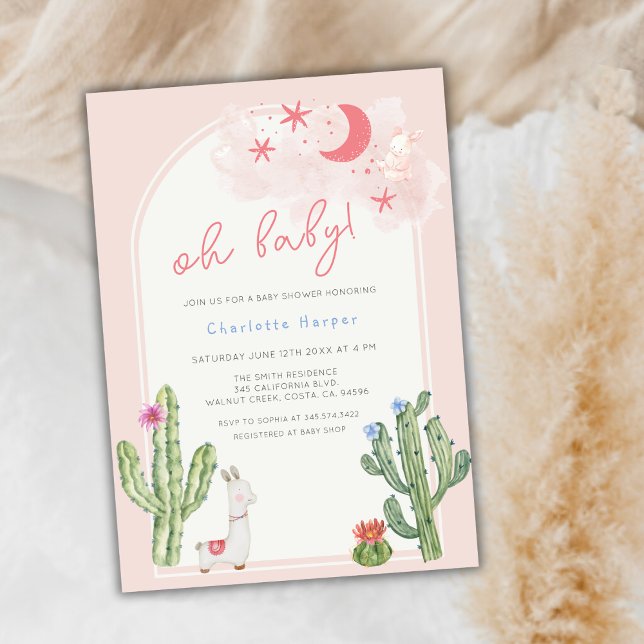 Invitación Baby Shower Neutral de arco de boho rosa cactus (Neutral Pink Boho Arch Cactus Baby Shower Invitation)