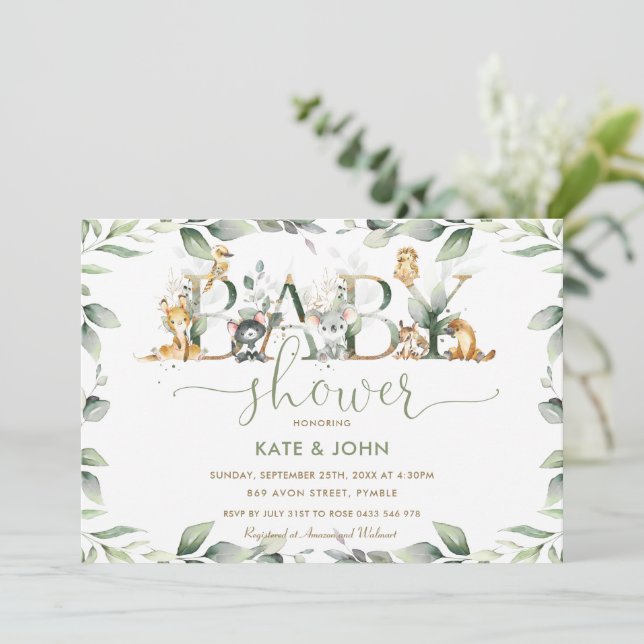 Invitación Baby Shower Neutral de Australia Animales verdes (Anverso de pie)