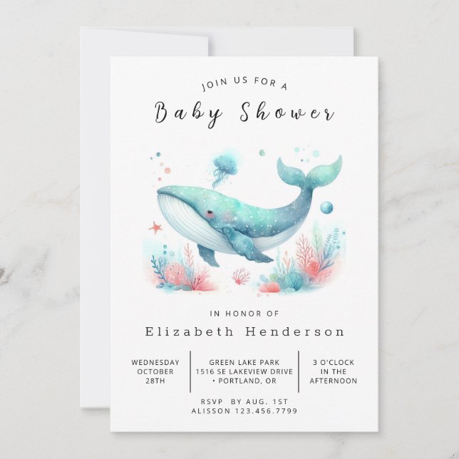 Invitación Baby Shower Neutral de ballenas en línea de género (Anverso)
