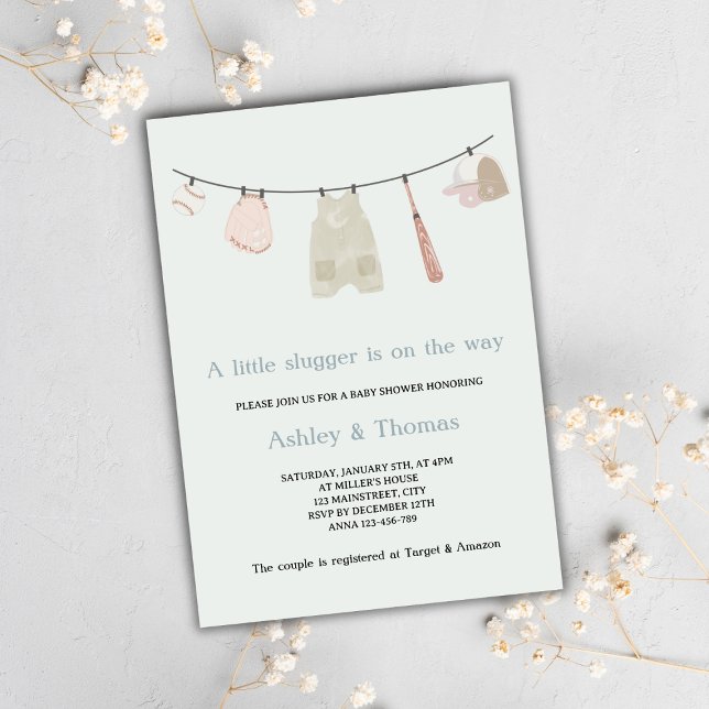Invitación Baby Shower neutral de beisbol pequeño (little slugger on the way baseball baby shower invitation gender neutral cute sports baby shower)