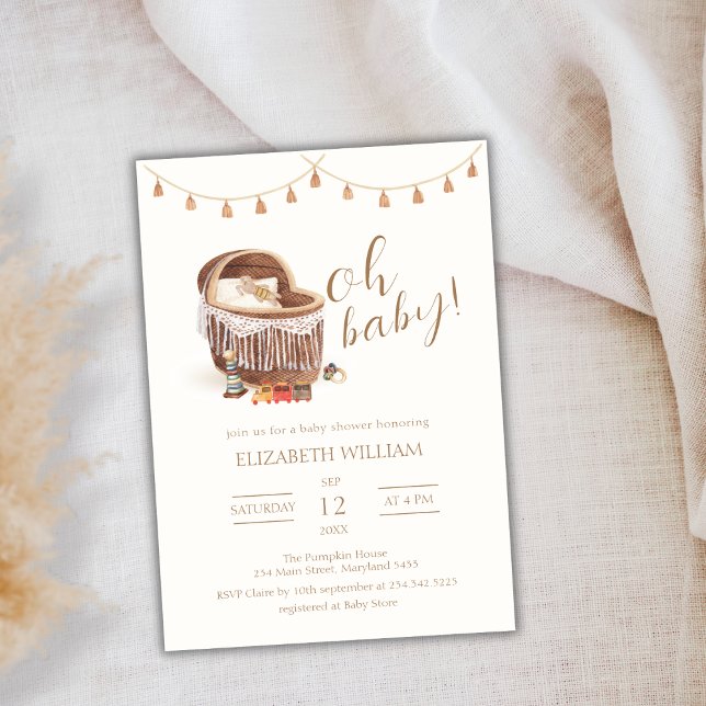 Invitación Baby Shower Neutral de Boho Bassinet Toy (Gender Neutral Boho Bassinet Toy Baby Shower Invitation)