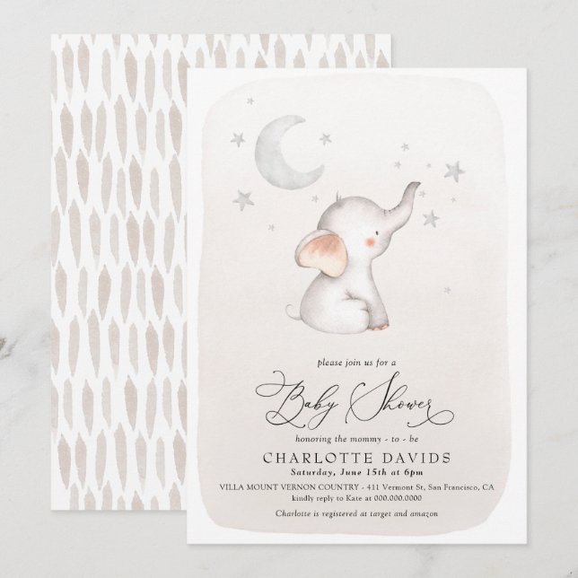 Invitación Baby Shower neutral de Boho Elephant Stars Moon Be (Anverso / Reverso)
