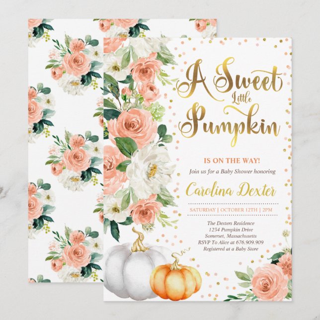 Invitación Baby Shower Neutral de calabaza floral de género (Anverso / Reverso)