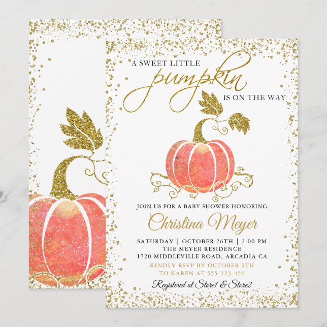 Invitación Baby Shower neutral de calabaza Purpurina de oro (Anverso / Reverso)