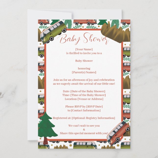 Invitación Baby Shower neutral de Camper Woodland (Anverso)