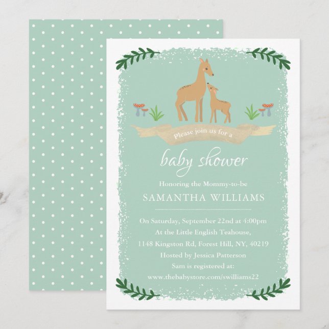 Invitación Baby Shower neutral de ciervo de cola (Anverso / Reverso)