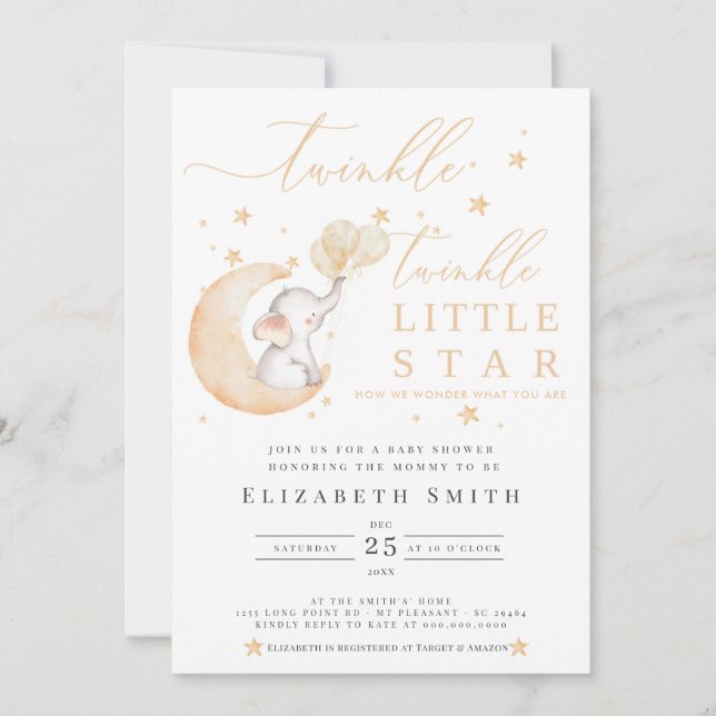Invitación Baby Shower neutral de elefante de estrella pequeñ (Anverso)