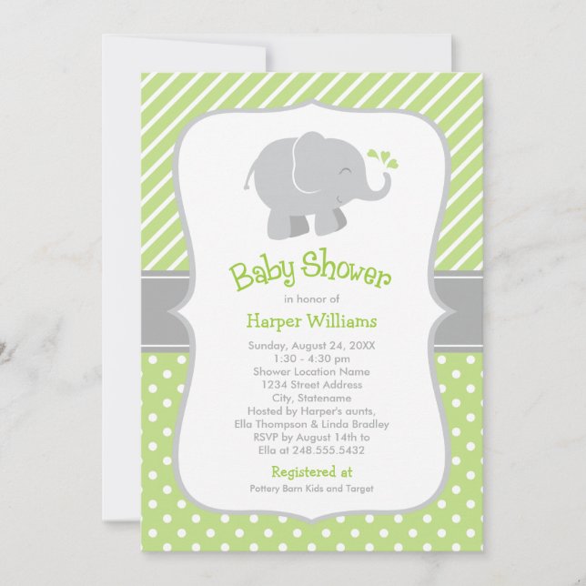 Invitación Baby Shower neutral de elefante verde moderno (Anverso)