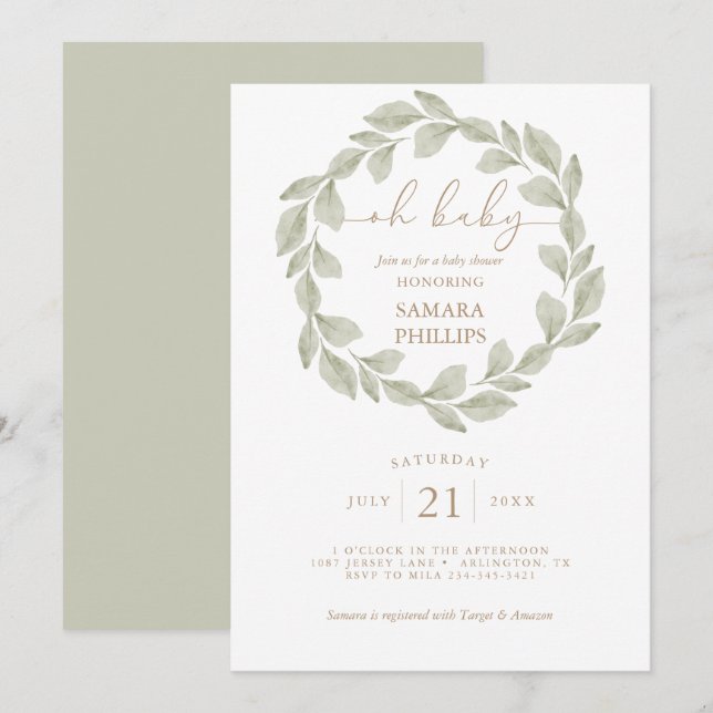 Invitación Baby Shower Neutral de Eucalyptus Leaf de Género (Anverso / Reverso)