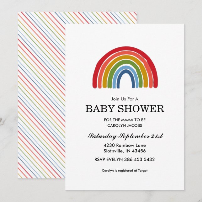Invitación Baby Shower neutral de género arcoiris (Anverso / Reverso)