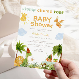 Invitación Baby Shower neutral de género blanco de dinosaurio