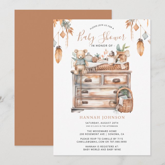 Invitación Baby Shower Neutral de Género Boho (Anverso / Reverso)