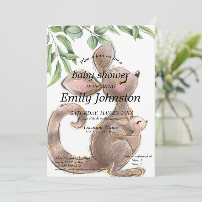 Invitación Baby Shower neutral de género canguro pintado con  (Anverso de pie)